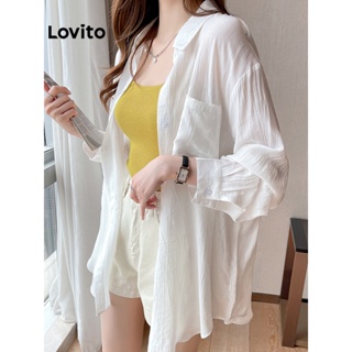 Lovito Casual Blusa Feminina Lisa com Botão e Bolso LNA14139 (Branca)