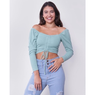 Blusa Cropped Feminina Colisse Canelada Verde