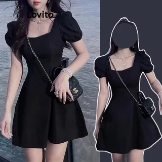 Lovito Casual Vestido com Mangas Bufantes e Babados para Mulheres LNA20048 (Preto)