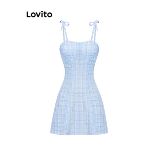 Lovito Boho Vestido Xadrez com Amarração para Mulheres L74ED192 (Azul)