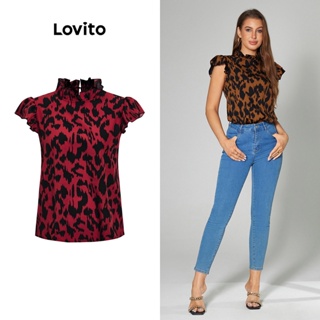 Lovito Casual Blusa Feminina Geométrica com Manga de Babados LBA05015 (Multicolorido)