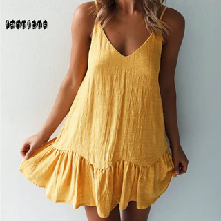FA Vestido Lady Dress Solid Color Flounce Edge Spaghetti Strap V De Verão Com Pescoço Para Namoro