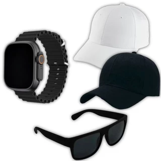 Kit Masculino Relógio Smart Ultra + Boné Liso Telado Branco Preto + Óculos Original Para Presente