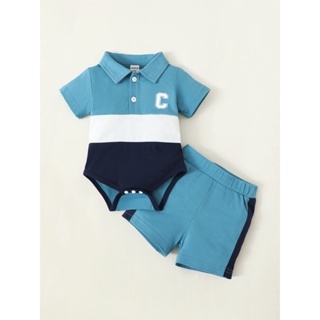 0-9 Meses Meninos Moda Bebê Colarinho Stand-up De Um Peito Com Patchwork De Três Cores Padrão Bumcoat De Manga Curta Cor Azul E Preto