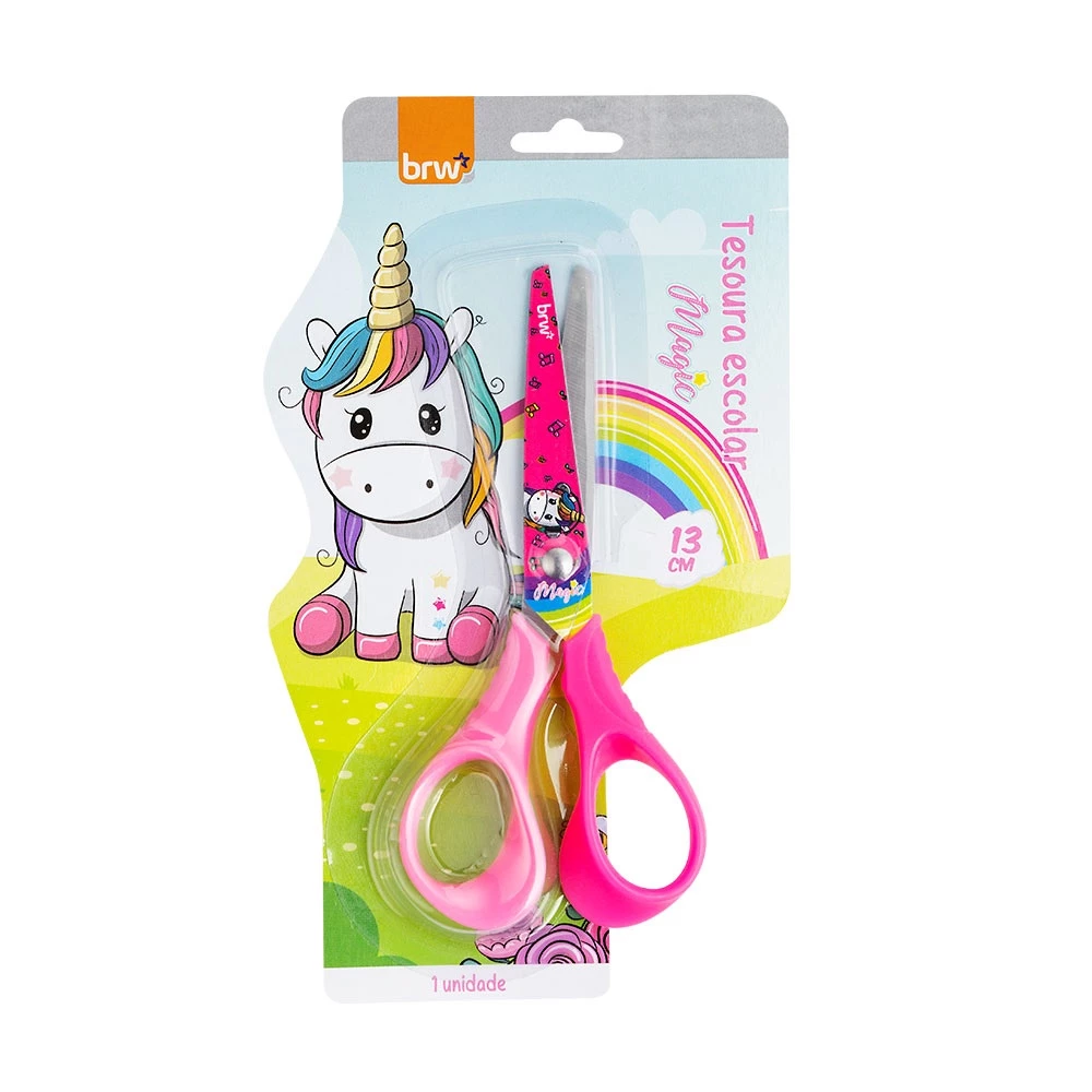Tesoura Escolar de Aço Unicornio 13cm Magic BRW | Infantil | Personagem | Desenho | Fofa | Divertida | Colorida | Magica | Material Escolar