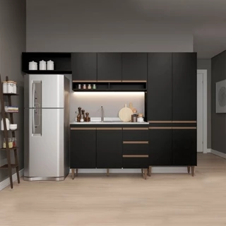 Cozinha Compacta Modulada com Balcão Pia Sabrina 280x202 Cm 4 Peças MDP Preto MENU
