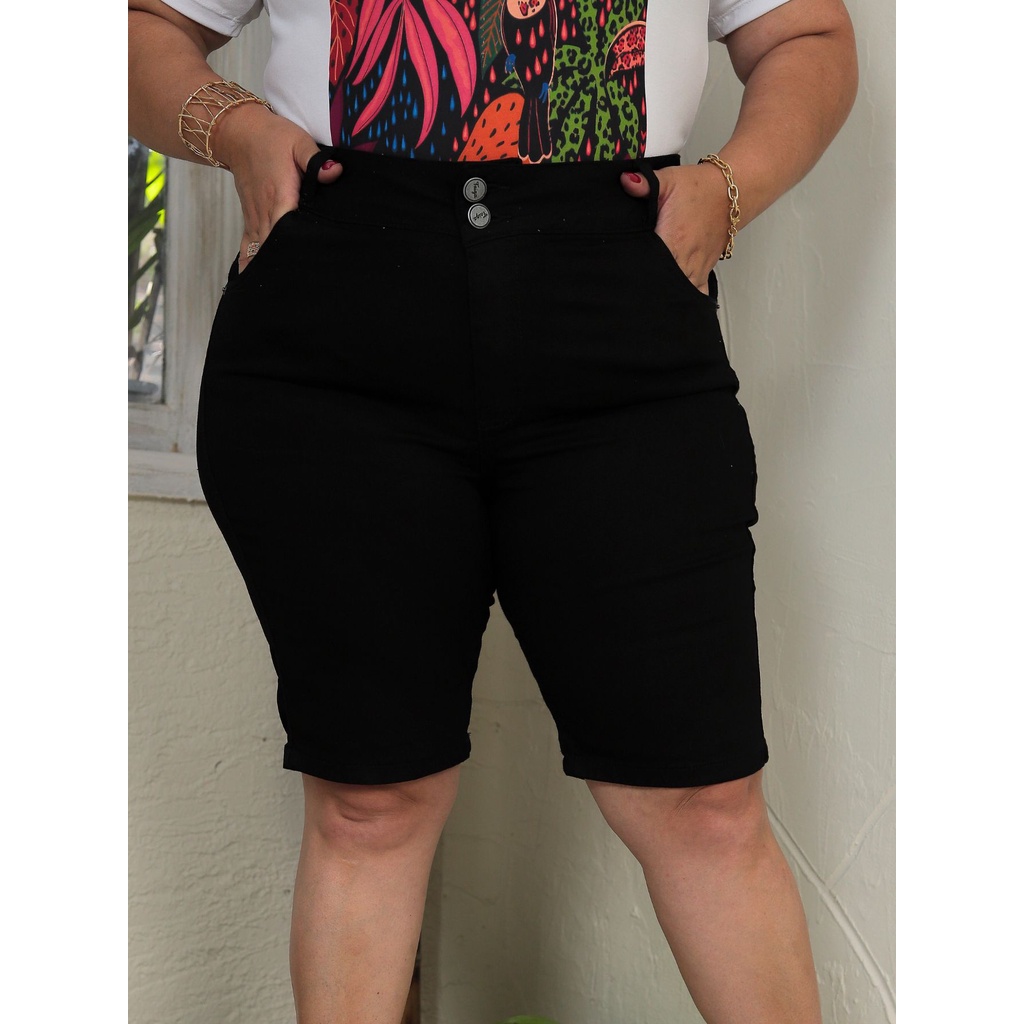 Bermuda Short Preto Jeans Feminino Plus Size Cintura Alta Lycra