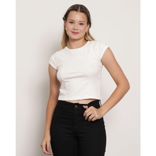 Blusa Feminina Cropped Manga Copinho Texturiada Off White