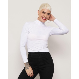 Blusa Feminina Malha Canelada Gola Alta Branco