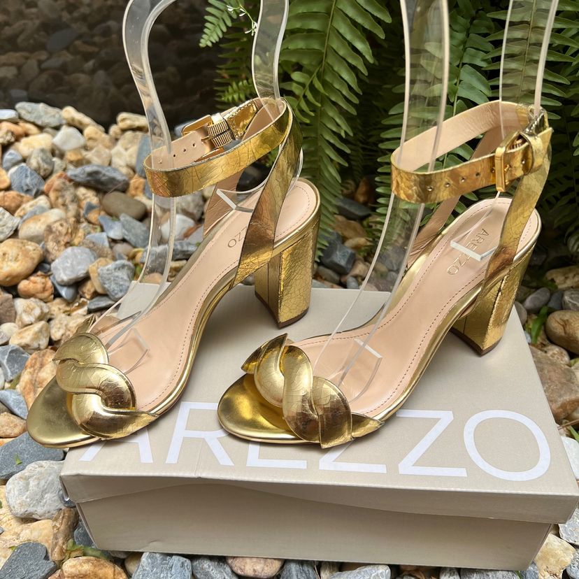 Festa Sandalia Dourada Salto Grosso Sandália Salto Bloco Tiras