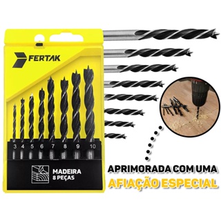 Jogo De Brocas 8 Peças C/ Estojo Furar Madeira Maciça Mdf Aço 3 a 10mm Para Furadeira Parafusadeira Fertak