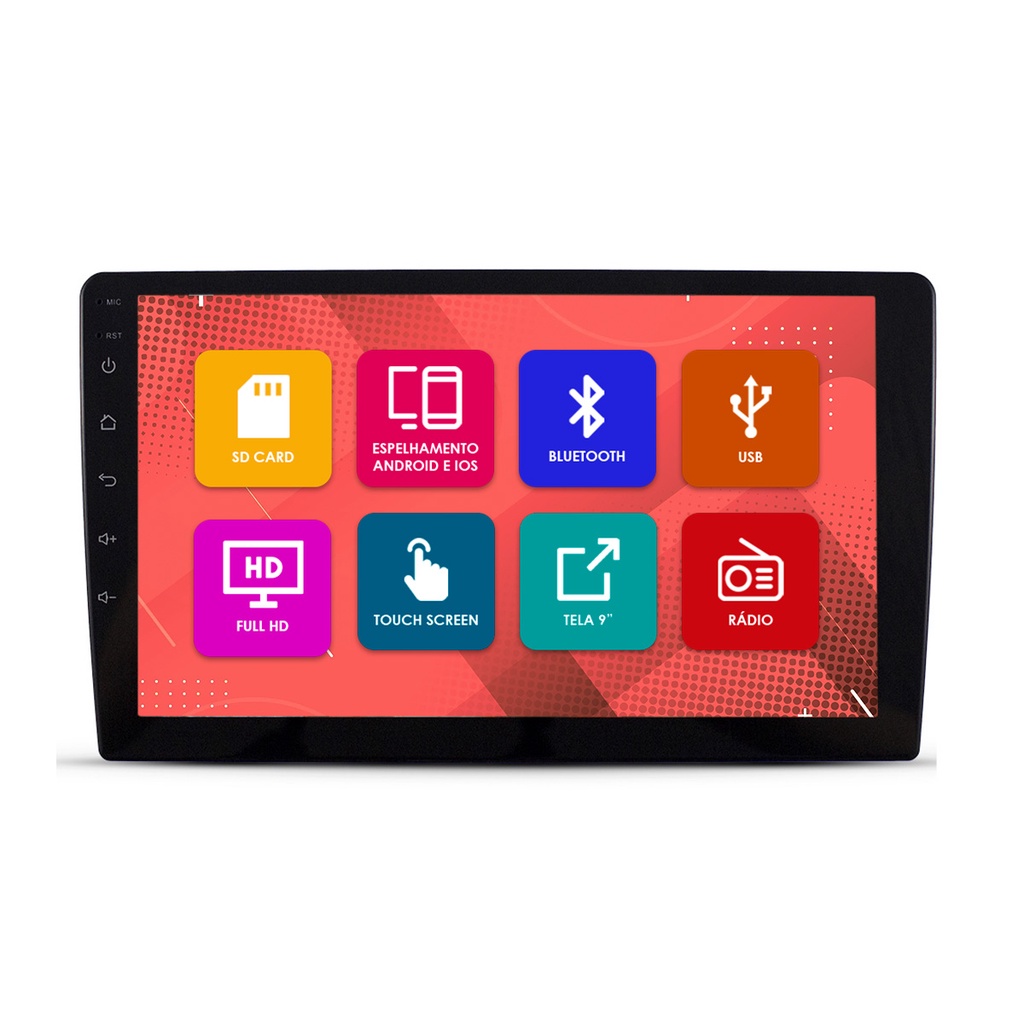 Central Multimidia 2 Din 9 Pol E-Tech Light Espelhamento Android Ios Tela Flutuante Fundo Slim 1 Din