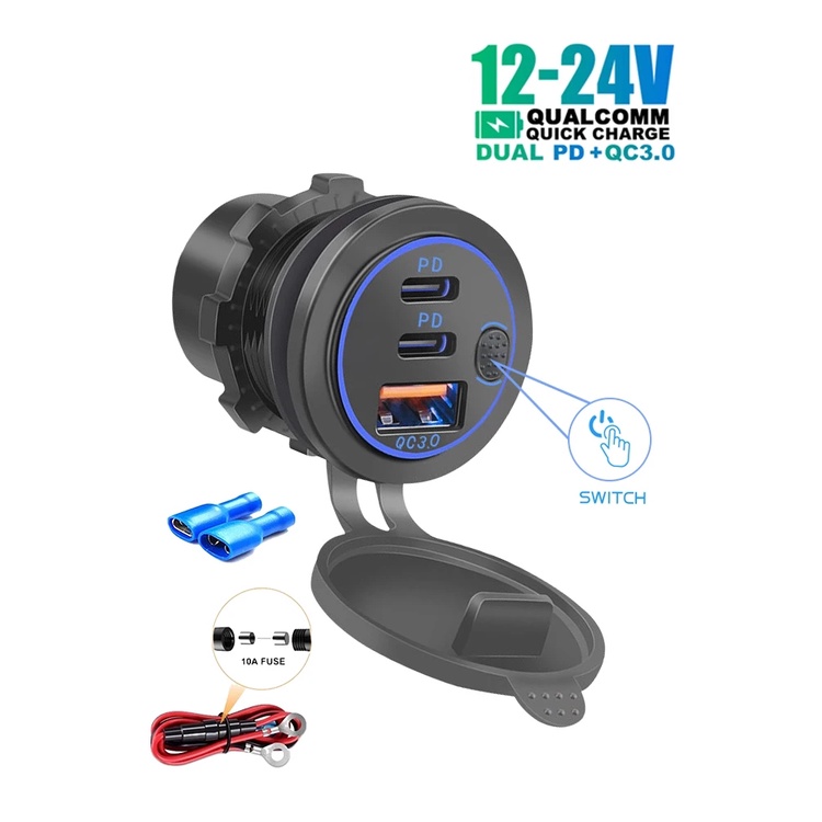 Tomada USB C Para Carregador De Carro 12V Saída 58W RV Dual PD-QC3.0 Porta Com Interruptor De Botão Barco