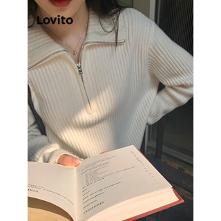 Lovito Casual Suéter Feminino Liso Básico com Zíper LNE30026 (Café/Off White/Preto)