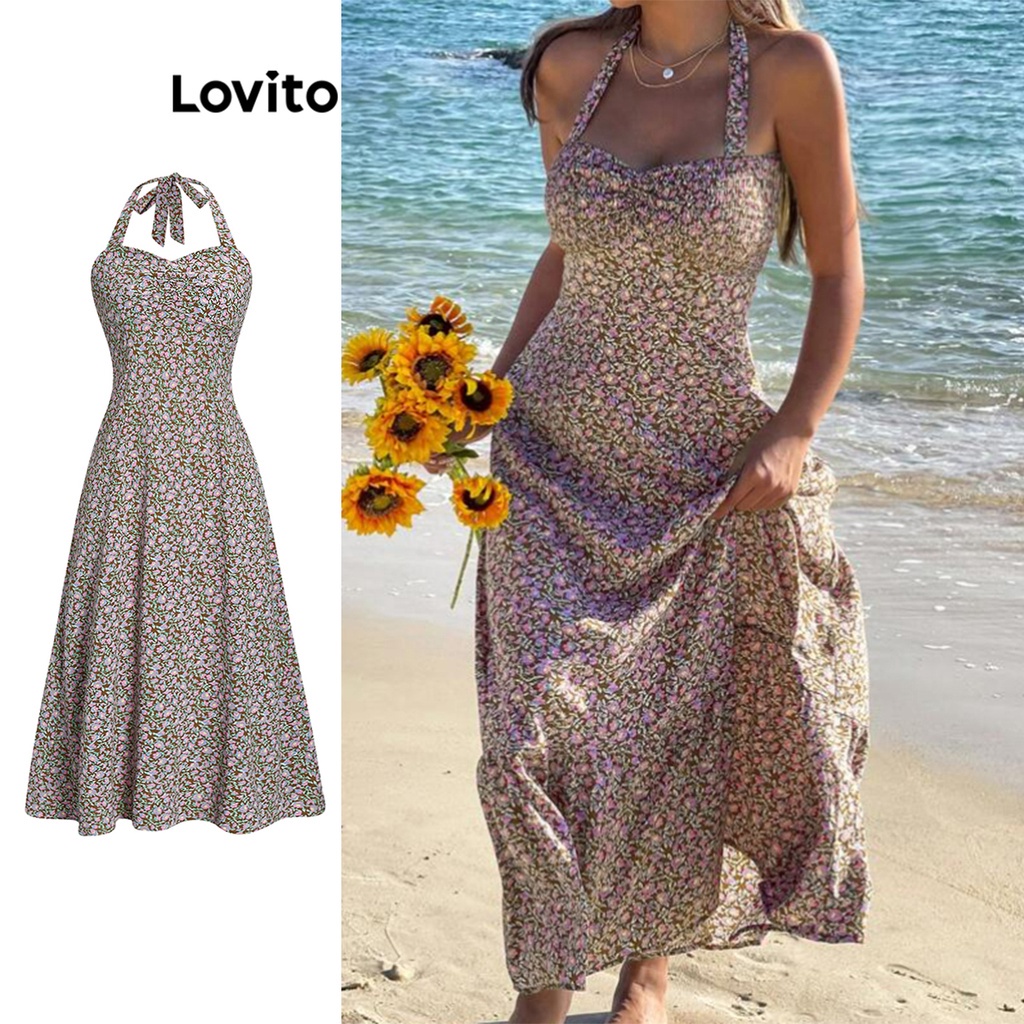 Lovito Boho Vestido Feminino Floral Amarrado com Costas Abertas L68ED223 (Rosa)