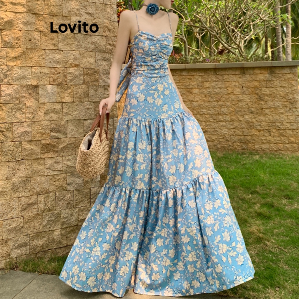 Lovito Casual Vestido Feminino Floral de Camadas Franzido de Alcinha com Laço Traseiro Romântico LNE16008 (Azul)