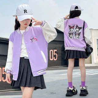 Jaqueta Infantil Para Meninas Kuromi Print Baseball Uniformes Top Hat Casual Clothing Ootd for Baby Girl 3 4 5 6 7 8 9 10 11 12 13 Anos De Idade Casaco Esportivo Estudantes Da Escola Coreana