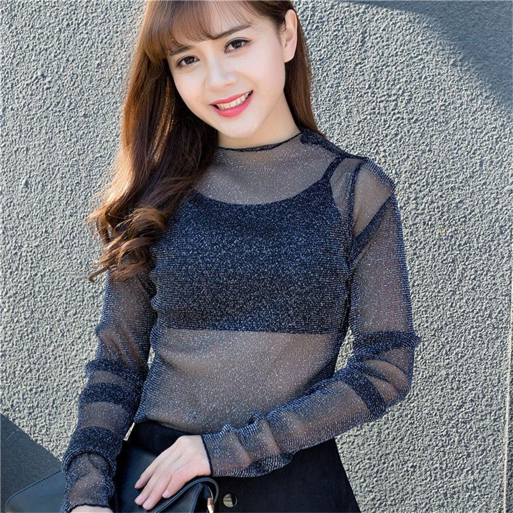Camiseta Transparente HOURE Lace T shirt , See-Through Long Sleeve
