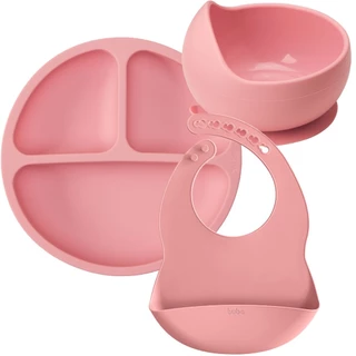Kit Pratinho E Tigela Bowl C/ Ventosas Babador Pega Migalhas Em Silicone Rosa Papinha Bebê BLW Buba