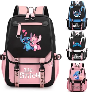 Mochila Estudantil Stitch Masculina E Feminina Costura Disney USB Carregamento Escolar
