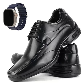 Sapato Social Masculino Ortopédico de Couro Premium Super Confortável + Relógio