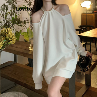 Lovito Moletom Casual Liso Assimétrico Com Corte De Ombro Frio Para Mulheres LNA40010