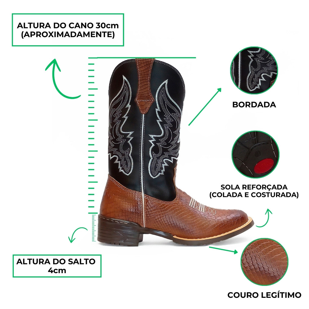 Bota Texana Masculina Cano Alto De Couro Bordada Agro Resistente ...