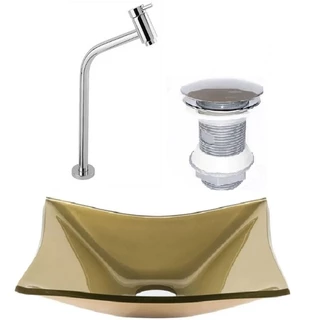 CUBA DE VIDRO RETANGULAR 39CM CHAMPANHE + VALVULA CLICK + TORNEIRA