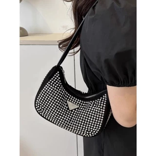 Bolsa Feminina Pequena Transversal Alça de Corrente Prata Brilho Cristais Strass Jorge