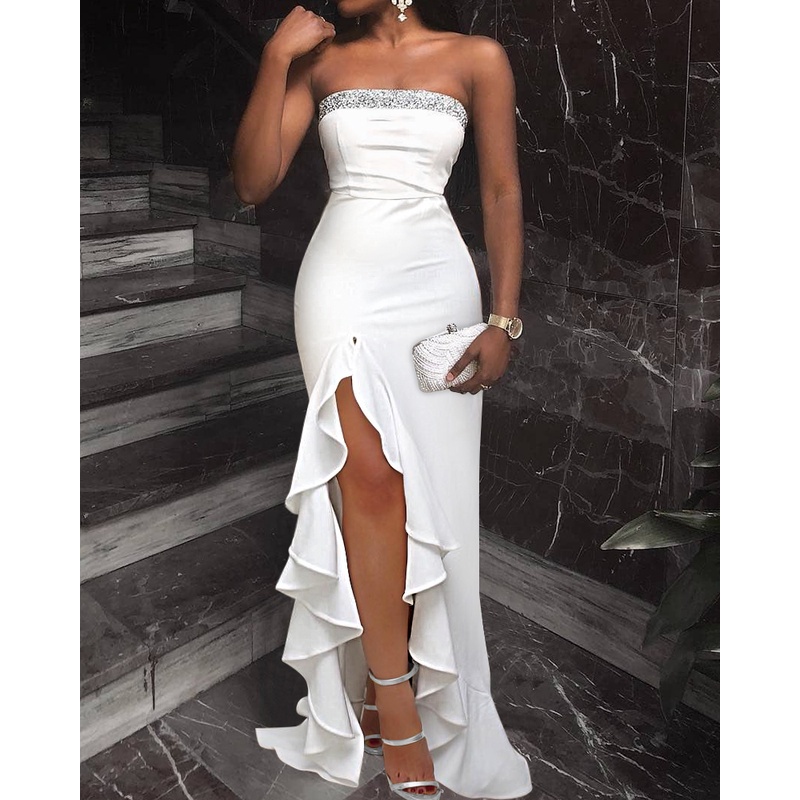 vestido De Festa Branco Feminino Sem Mangas Longo
