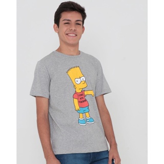 Camiseta Juvenil Estampa Bart Simpson Cinza Claro