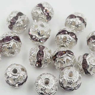 50 Peças Miçanga Bolinha Com Strass 6mm Prata Com Lilás
