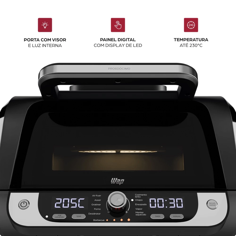 Fritadeira Elétrica Sem Óleo Churrasqueira Air Fryer 10L 1700W Wap Airfry Barbecue Digital 12 Em 1