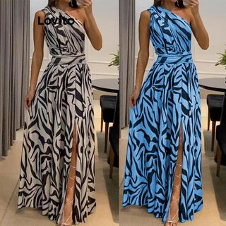 Lovito Vestido Elegante Listrado Com Frente Dividida Assimétrica Para Mulheres LNL39131 (Azul Preto)