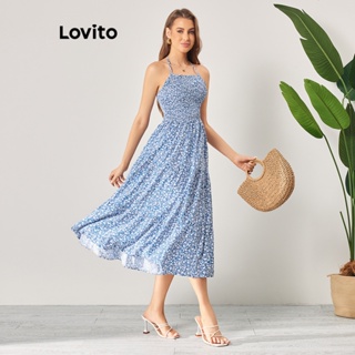 Lovito Vestido Casual Floral com Babados em Camadas para Mulheres LBL06097 (Azul Claro)