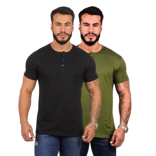 Kit 2 Camisetas Henley 3 Botões 100% Algodão 30.1 Gola Padre
