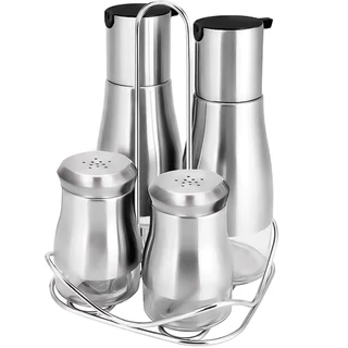 Galheteiro Vidro e Inox Com Suporte Kit 5 Peças Azeite Vinagre Saleiro Pimenteiro Restaurante Premium