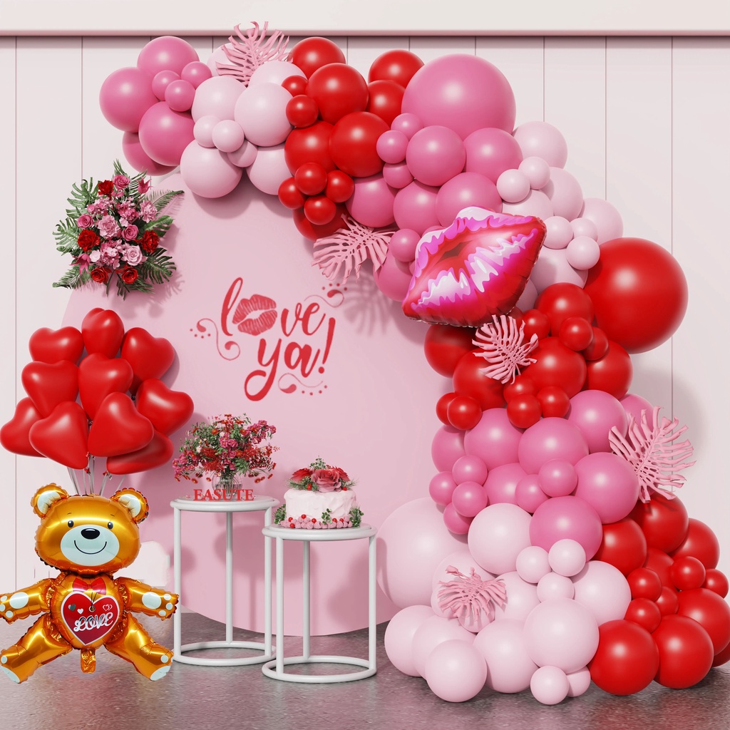 124pcs/set Love Bear Lips Feliz Dia Dos Namorados Balões Garland Arch Kit  Rosa Vermelha Para Decoração Da Festa De Aniversário De Casamento