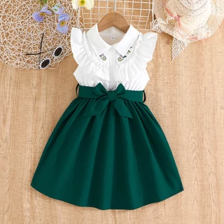 Vestido De Bebê Menina Crianças 2-7 anos Moda Verão Verde Esmeralda Sem Manga Vestidos De Princesa Infantil