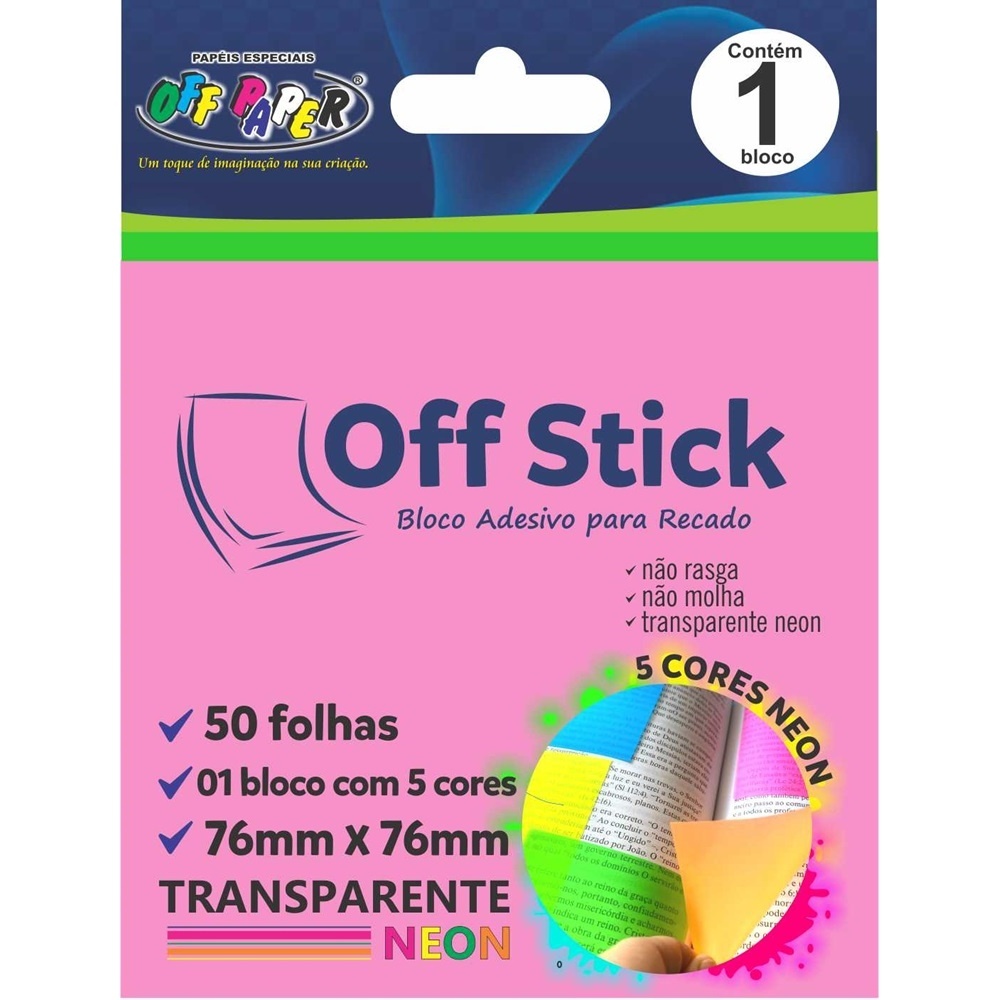 Bloco Adesivo para Recado Off Stick Post-It 5 Cores Neon Off Paper - 50 Folhas