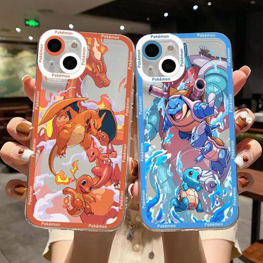 Caixa Para iphone 14 Pro Max 11 12 13 Capa Pokemon Charizard Squirtle Transparente À Prova De Choque Silicone Anti-TPU Proteção De Lente Ultrafina