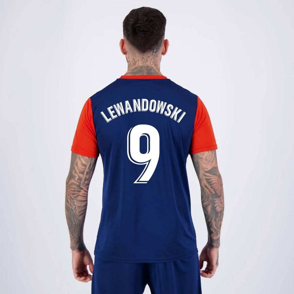 Camisa Barcelona Lewandowski 9 Escudo Vermelha e Azul | Shopee Brasil