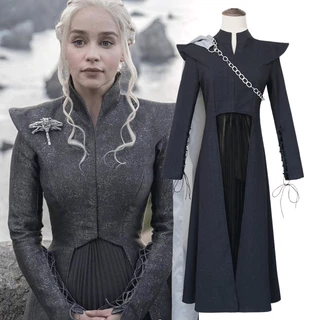 Fantasia de cosplay de Daenerys Targaryen de Game of Thrones, casaco preto, fantasia de cosplay da Mãe Dragão da 7ª temp