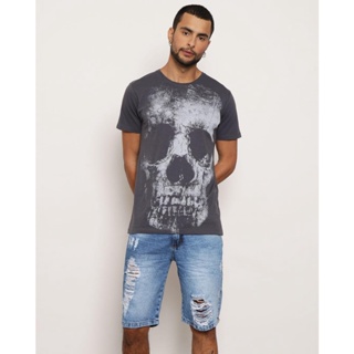 Camiseta Masculina Manga Curta Estampa Caveira Cinza