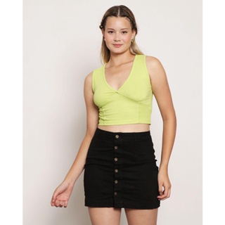 Regata Feminina Cropped Decote V Canelada Recorte Frontal Verde