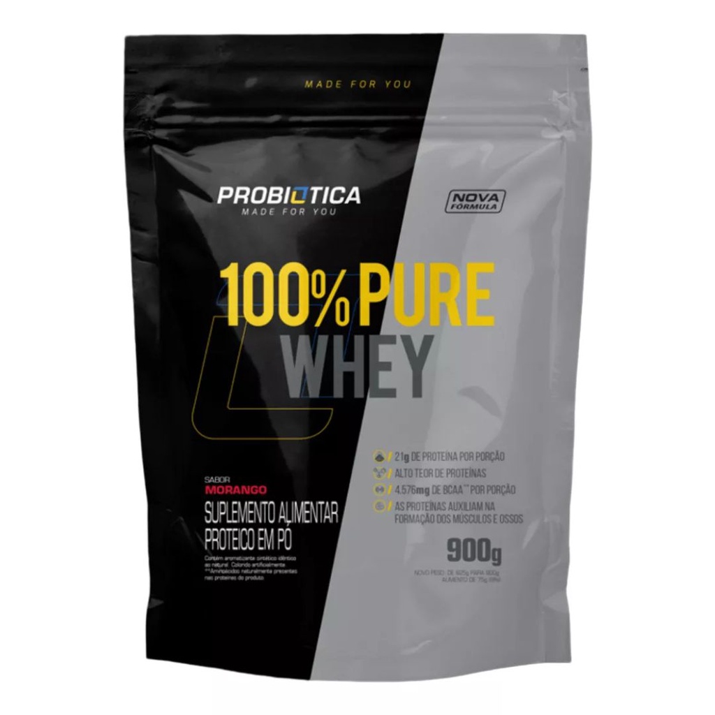 100% Pure Whey Morango – Refil 900g – Probiótica