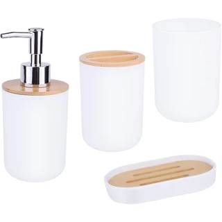 Modus Conjunto Para Banheiro Dispenser Branco Kit 4 Sabonete Liquido Porta Algodão E Escova Com Bandeja De Bambu Hire Bold