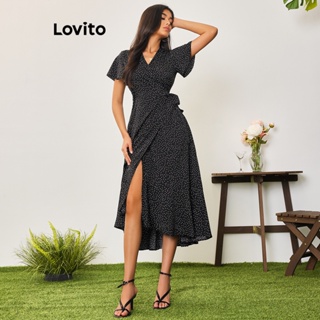 Lovito Casual Vestido Feminino de Bolinhas Amarrado com Babados LBA05100 (Preto)