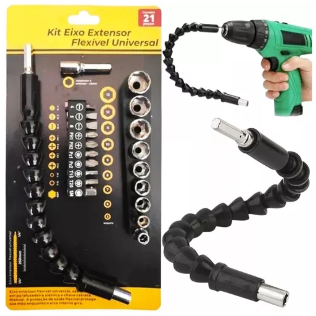 Kit Extensor Prolongador Flexivel Parafusadeira Universal 21 Peças 9 Soquetes 25cm Profissional