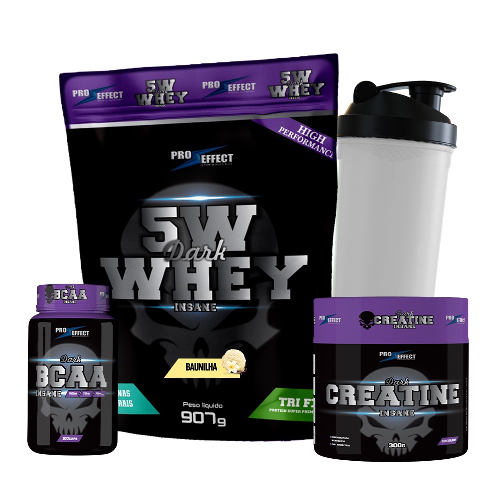 Combo Whey Protein + Bcaa + Creatina + Coqueteleira 5W Dark